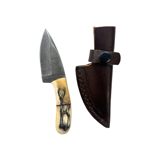 Lifespace Hand Forged Damascus Steel Mini Knife with Camel Bone Handle and Leather Sheath