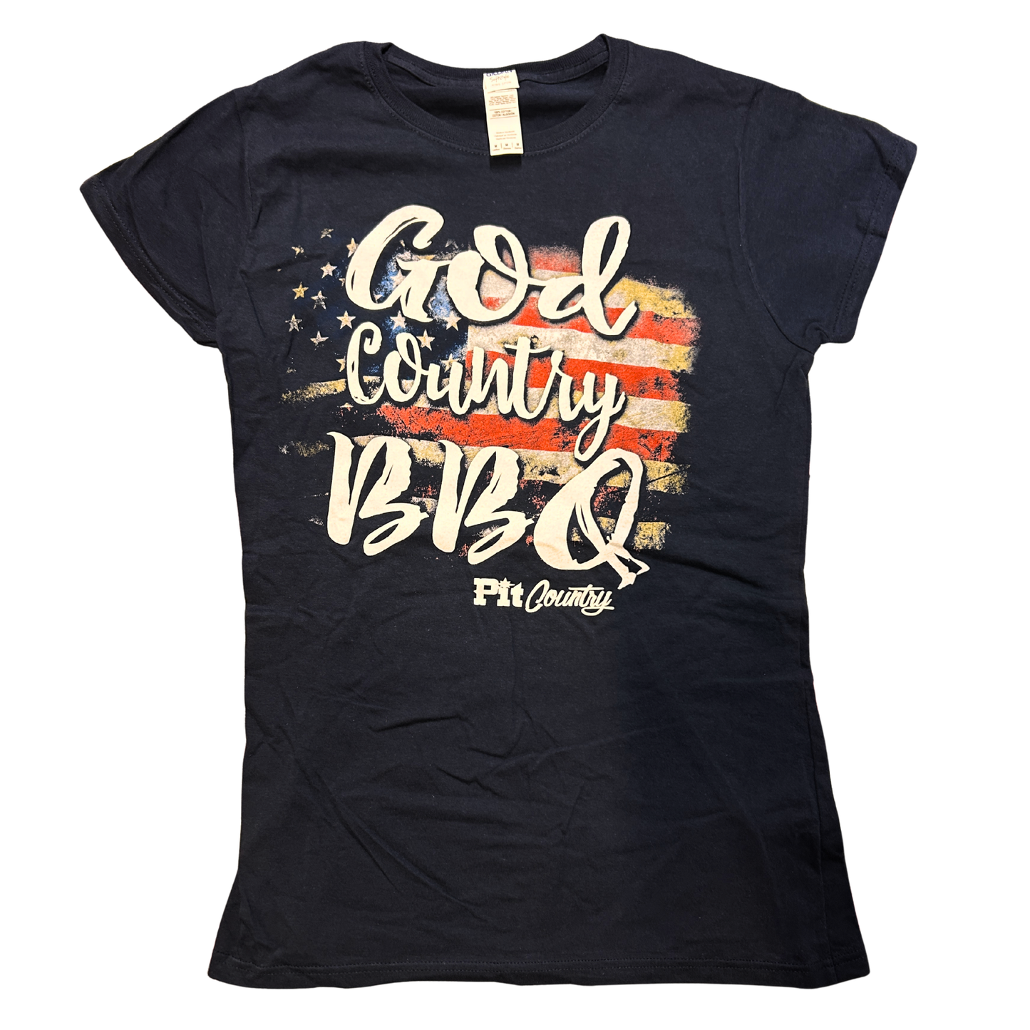 Pit Country Premium Graphic Crewneck Ladies T-Shirt - “God, Country, BBQ"