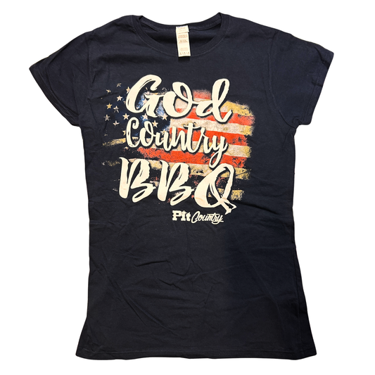 Pit Country Premium Graphic Crewneck Ladies T-Shirt - “God, Country, BBQ"