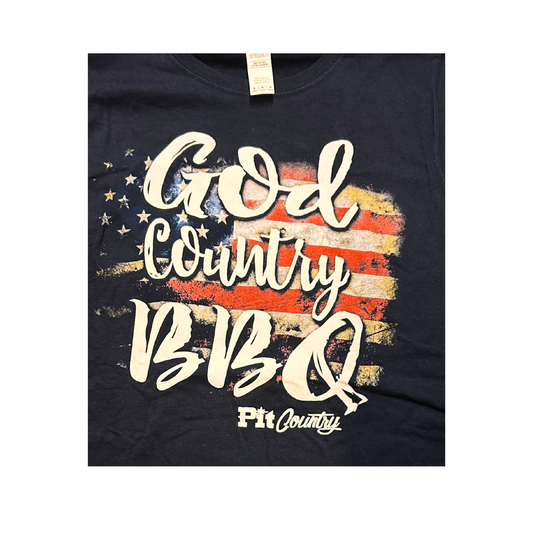 Pit Country Premium Graphic Crewneck Ladies T-Shirt - “God, Country, BBQ"