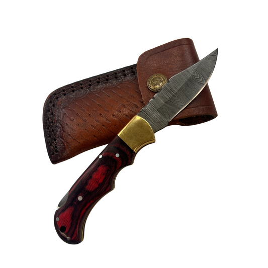 Lifespace Damascus Steel Folding Pocket Knife with Leather Pouch