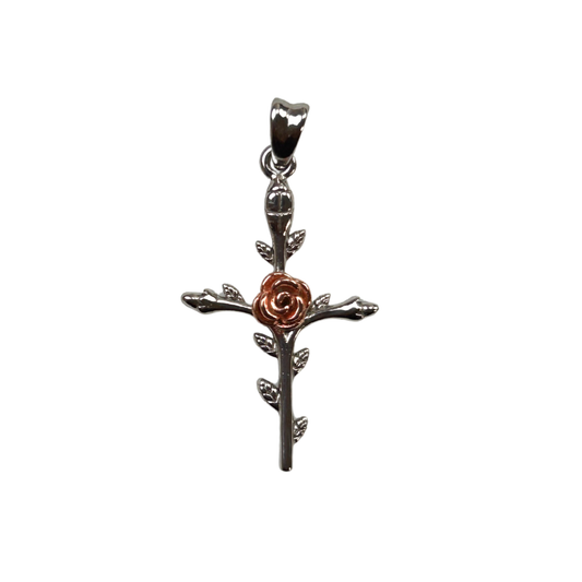 The Cross Road 925 Sterling Silver Rose Cross Pendant with Rhodium and Rose Gold Plating