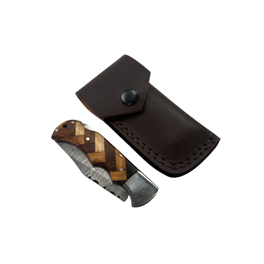 Lifespace Damascus Steel Folding Knife with Leather Pouch and Rose & Olive Wood Handle