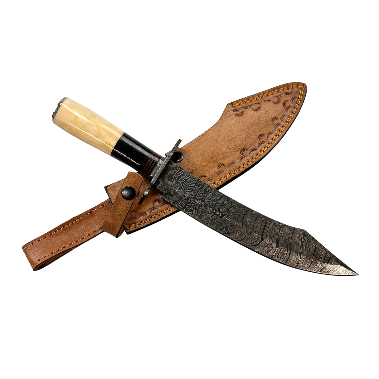 Lifespace Damascus Steel Knife with Rose Wood Handle with Damascus Steel Clips and Leather Sheath
