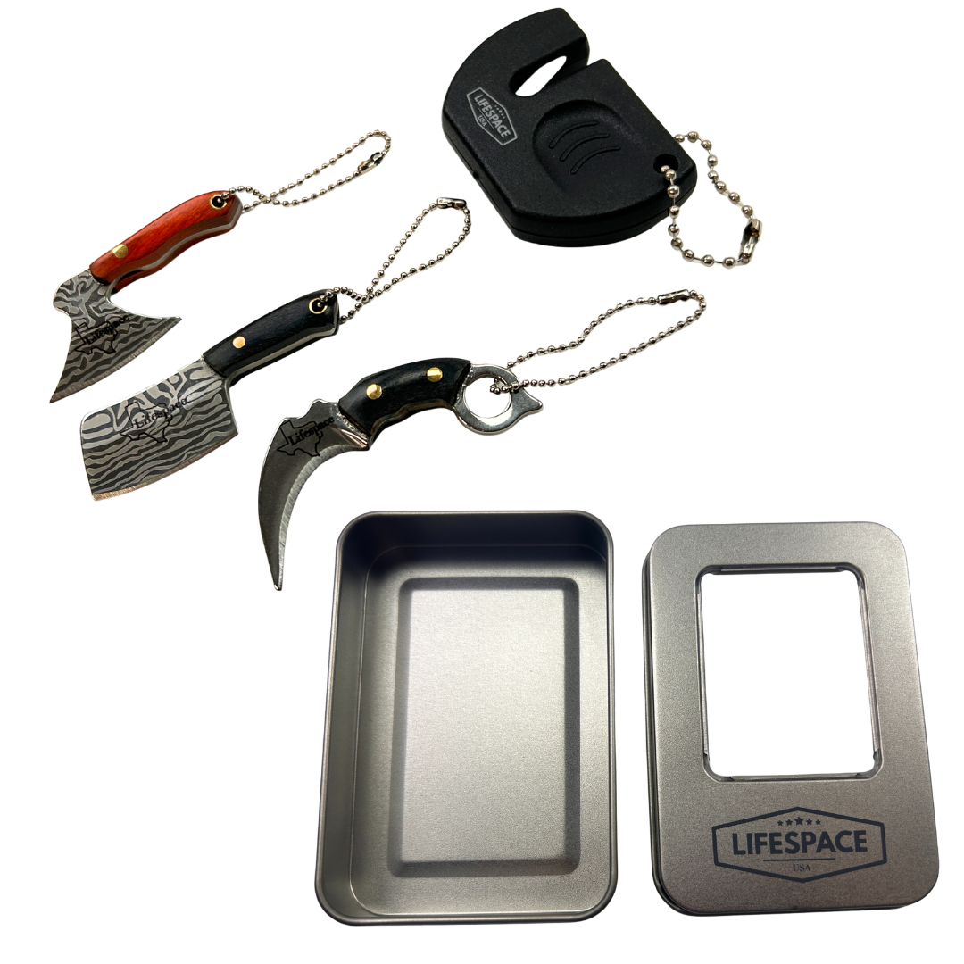 Lifespace Mini Knife Keychain Gift Set — 3 Piece Micro Blades + Sharpener in Gift Box