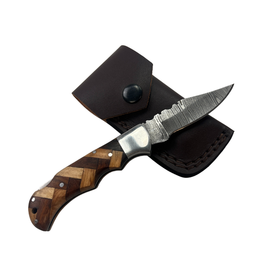 Lifespace Damascus Steel Folding Knife with Leather Pouch and Rose & Olive Wood Handle