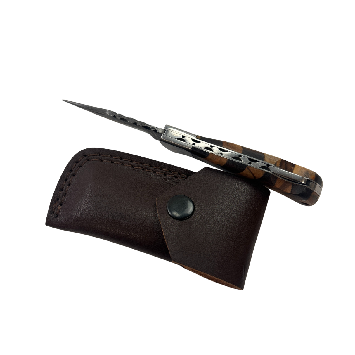 Lifespace Damascus Steel Folding Knife with Leather Pouch and Rose & Olive Wood Handle