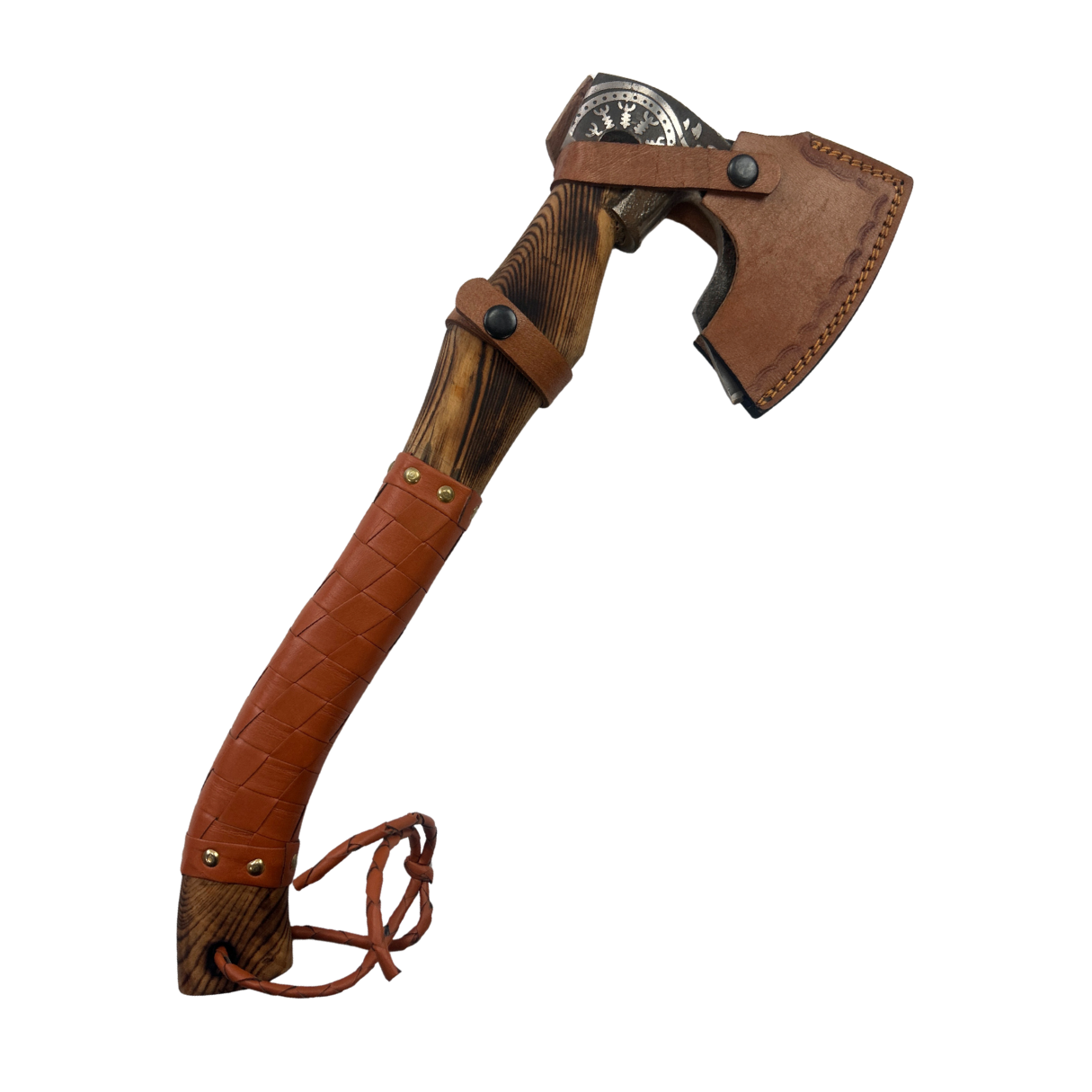 Lifespace Full Tang Damascus Steel Ax with Hand Woven Leather Grip, Ash Wood Handle, and Premium Leather Cover