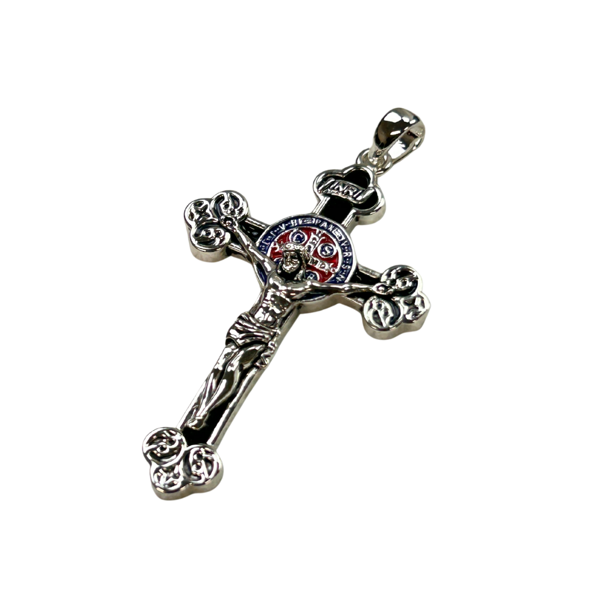 The Cross Road 925 Sterling Silver Crucifix Pendant with Enamel, Obsidian, and Antique Finish