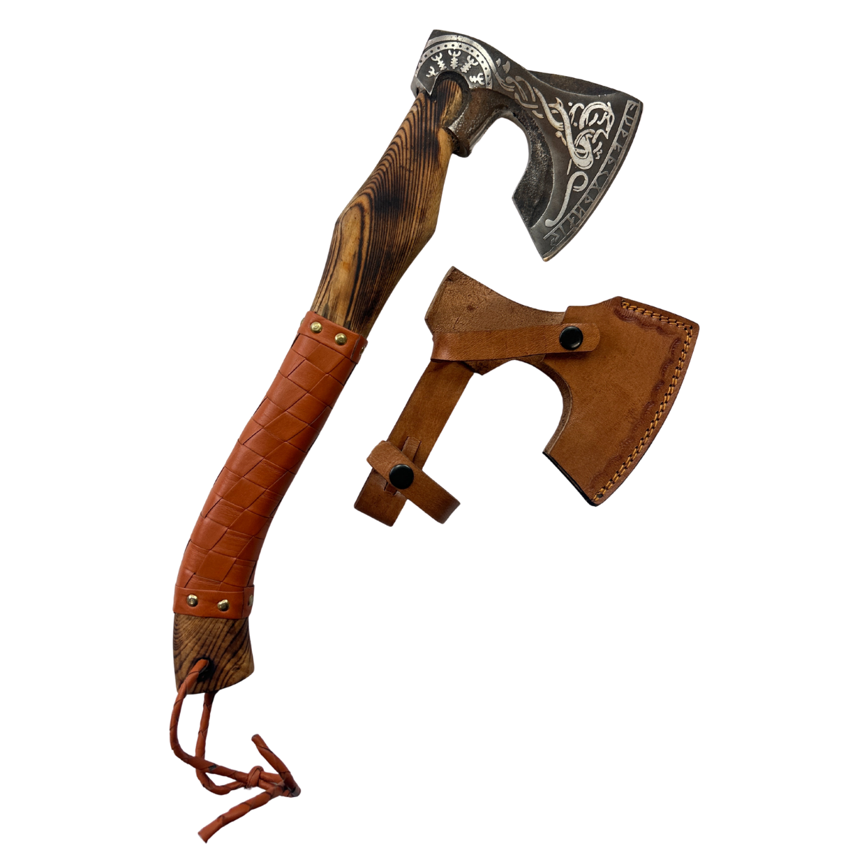 Lifespace Full Tang Damascus Steel Ax with Hand Woven Leather Grip, Ash Wood Handle, and Premium Leather Cover