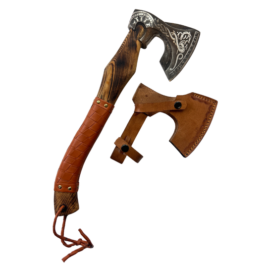 Lifespace Full Tang Damascus Steel Ax with Hand Woven Leather Grip, Ash Wood Handle, and Premium Leather Cover