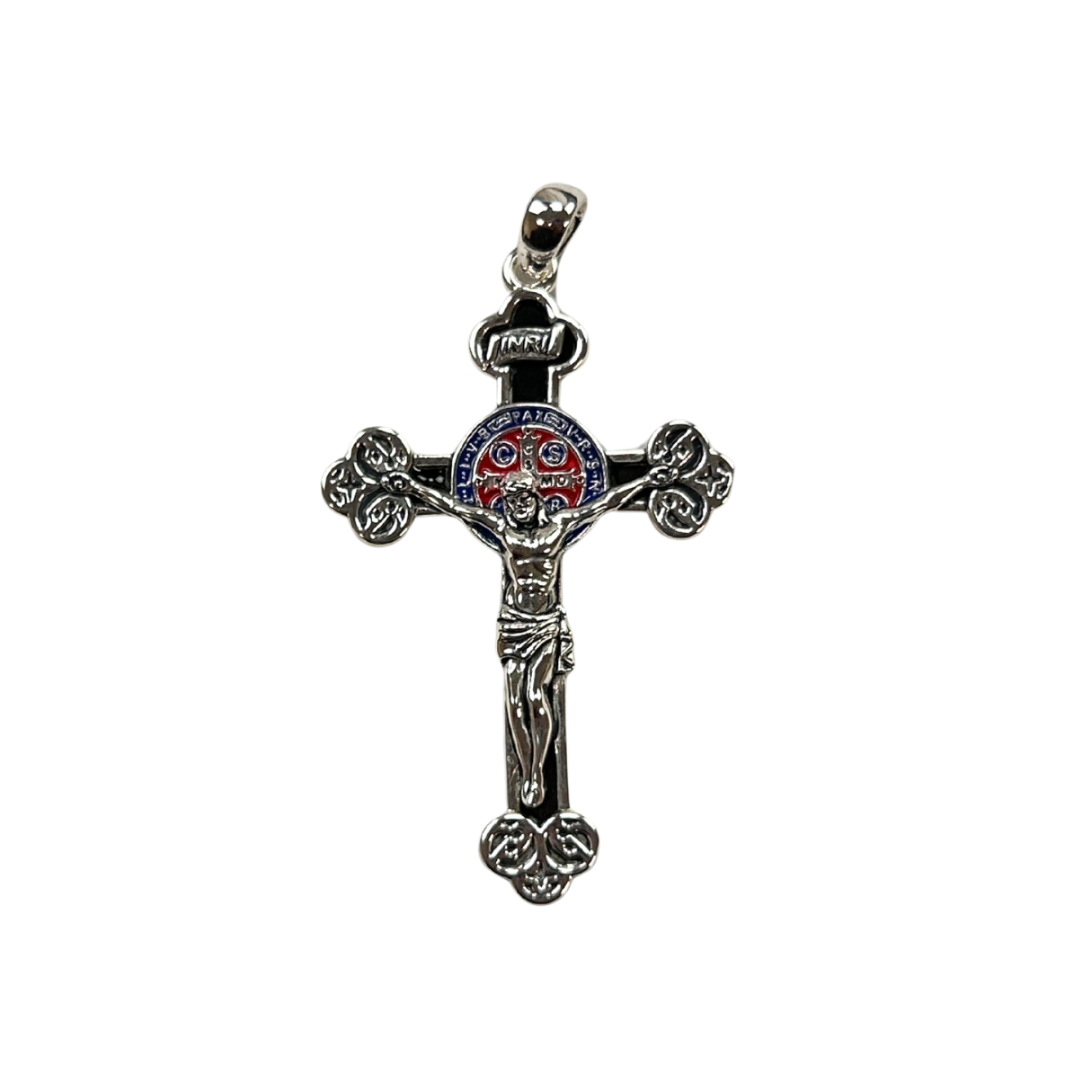 The Cross Road 925 Sterling Silver Crucifix Pendant with Enamel, Obsidian, and Antique Finish