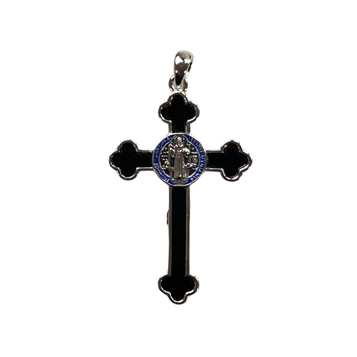 The Cross Road 925 Sterling Silver Crucifix Pendant with Enamel, Obsidian, and Antique Finish
