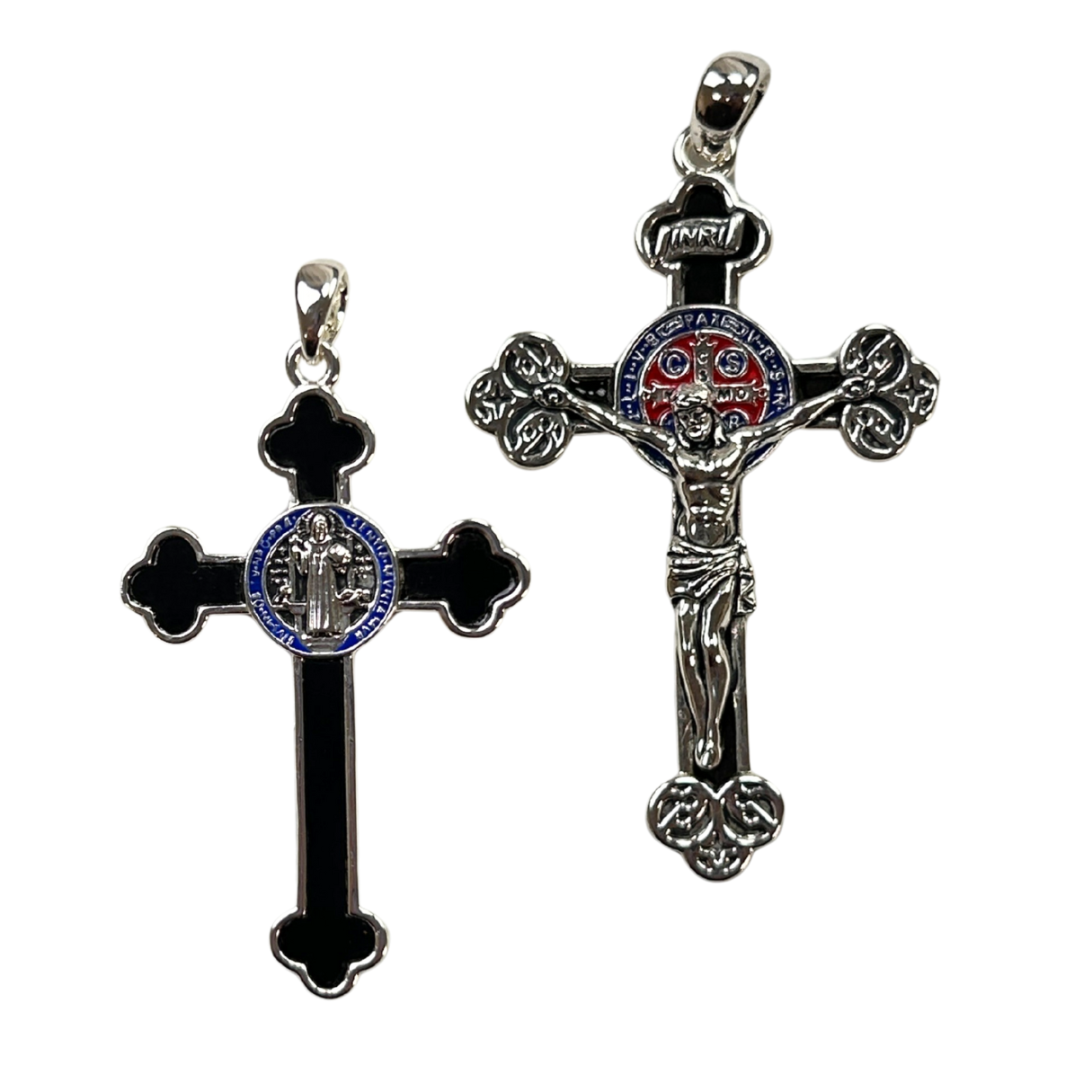The Cross Road 925 Sterling Silver Crucifix Pendant with Enamel, Obsidian, and Antique Finish