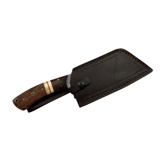 Lifespace Damascus Steel Full Tang Knife with Walnut Wood Handle and Mosaic Pin and Leather Sheath