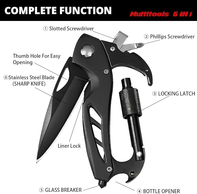 Lifespace Carabiner 6-in-1 EDC Multi-Tool Knife with a Black Oxide Stainless Steel Blade