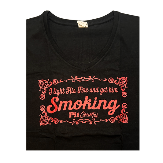 Pit Country Premium Graphic Crewneck Ladies T-Shirt - “I Light His Fire and Get Him Smoking"