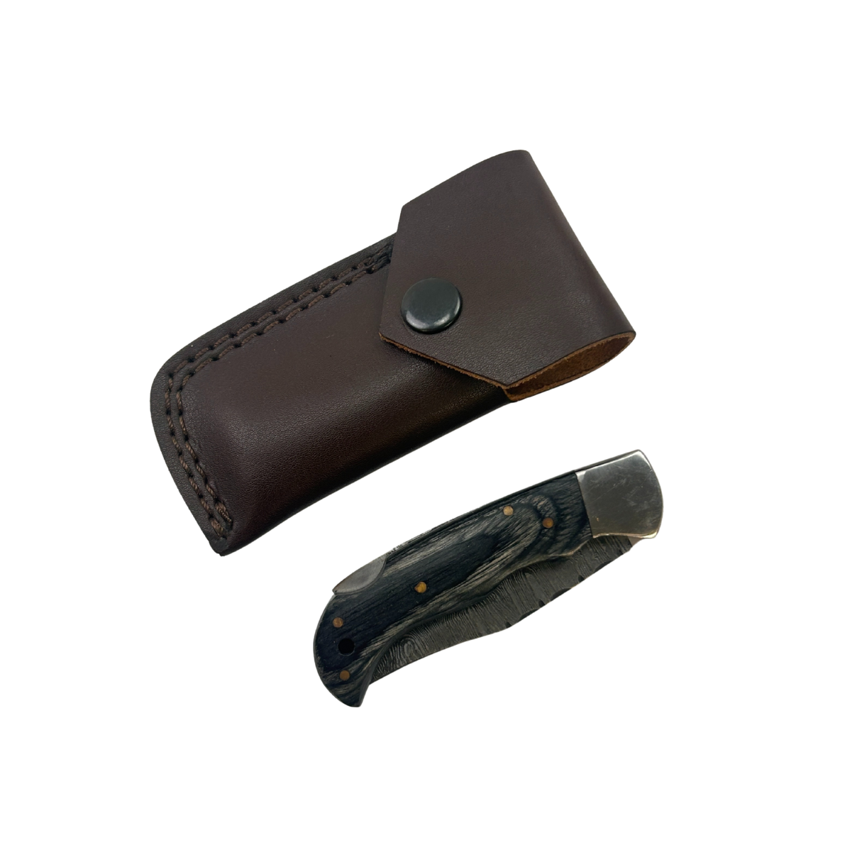 Lifespace Damascus Steel Folding Pocket Knife with Black Dollar Wood and Leather Pouch