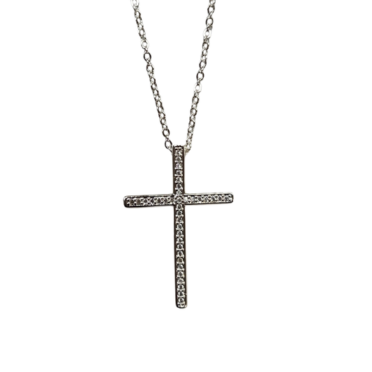 The Cross Road Women's Silver Plated Cross Pendant with Chain and Cubic Zirconia Detail