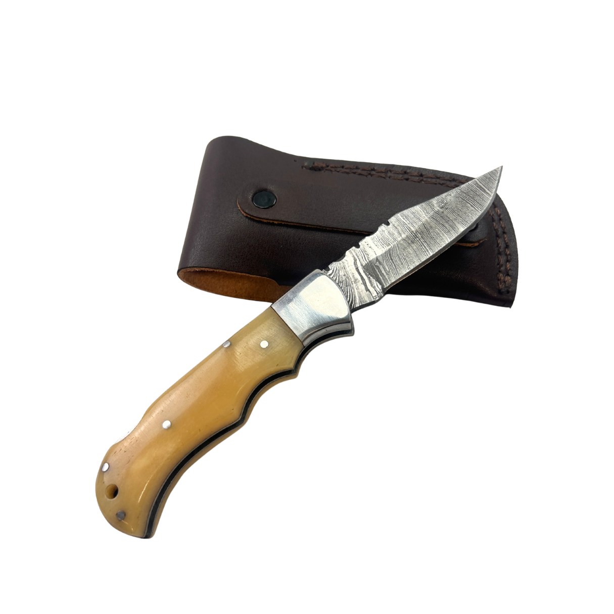 Lifespace Damascus Steel Folding Pocket Knife with Camel Bone Handle and Leather Pouch