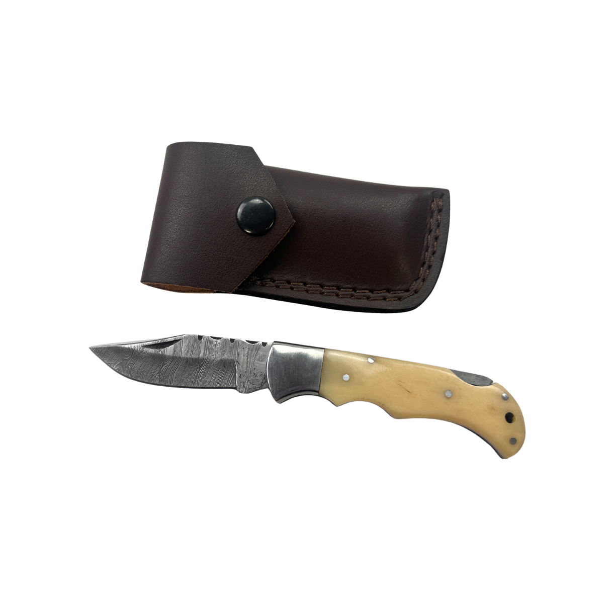 Lifespace Damascus Steel Folding Pocket Knife with Camel Bone Handle and Leather Pouch
