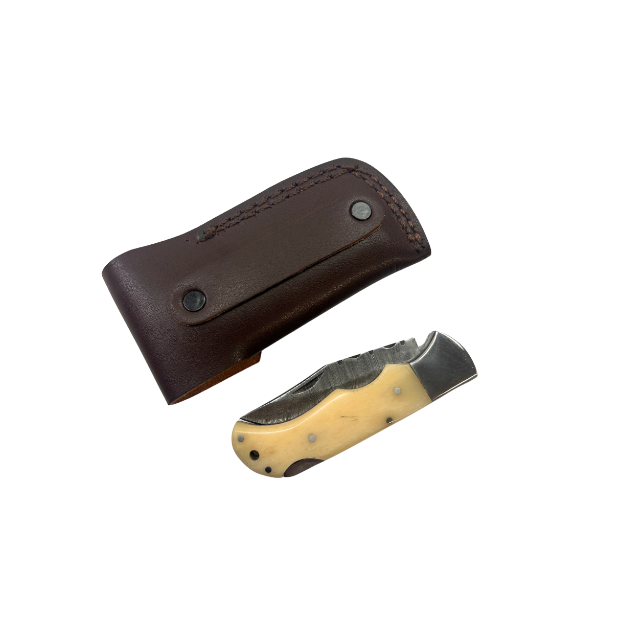 Lifespace Damascus Steel Folding Pocket Knife with Camel Bone Handle and Leather Pouch