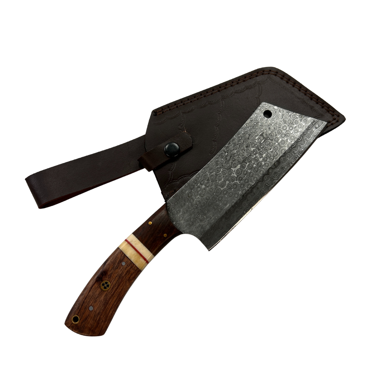 Lifespace Damascus Steel Full Tang Knife with Walnut Wood Handle and Mosaic Pin and Leather Sheath