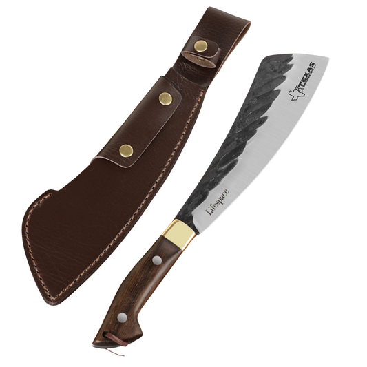 Texas Barbecue Chopping Cleaver with Grey Wood and Copper Bolster Handle with Leather Sheath