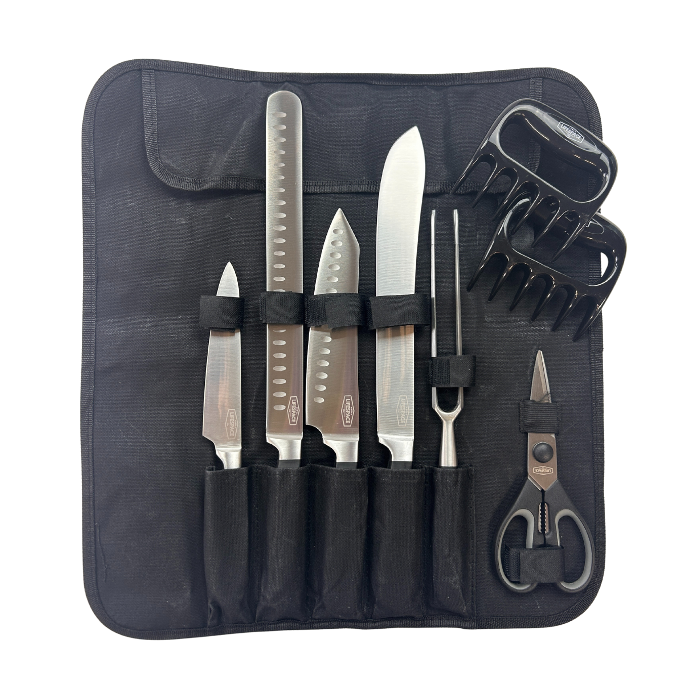 Lifespace 9-piece FDA Approved Quality Chef Knife & Tool Set in a Black Wax Canvas Knife Roll