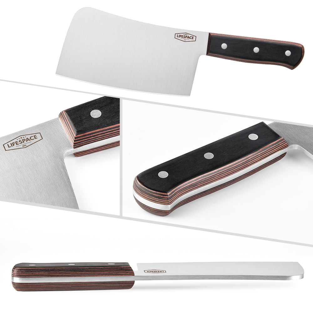 Lifespace 7" Stainless Steel Meat Chopping Cleaver with Pakkawood Handle