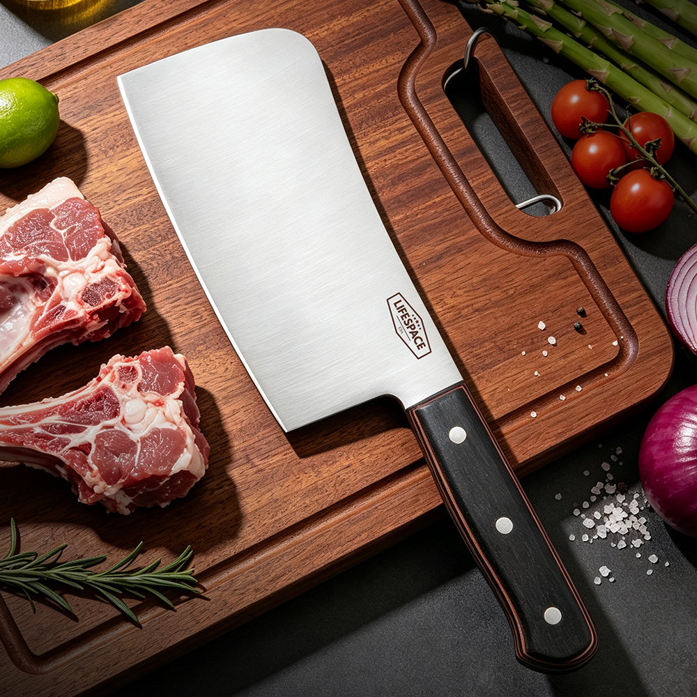 Lifespace 7" Stainless Steel Meat Chopping Cleaver with Pakkawood Handle