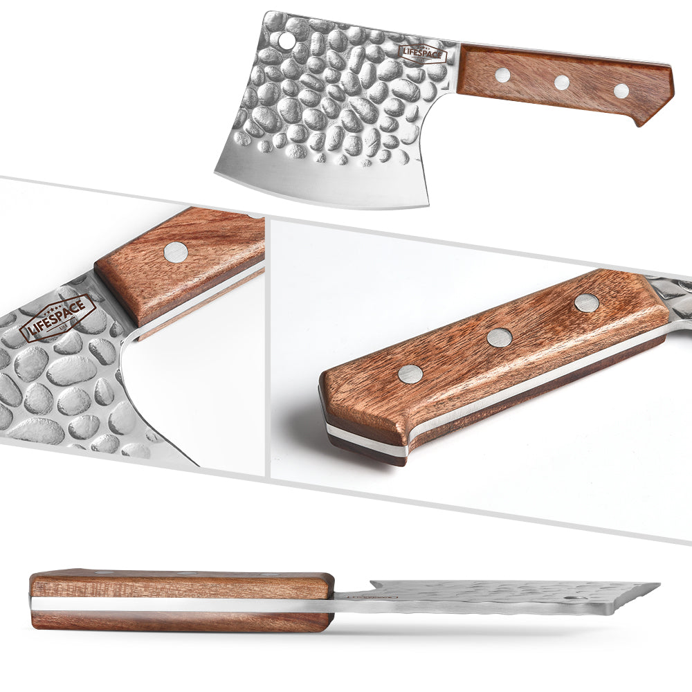 Lifespace 5" Hammered Butcher Chopping Cleaver with a Full Tang Rosewood Handle