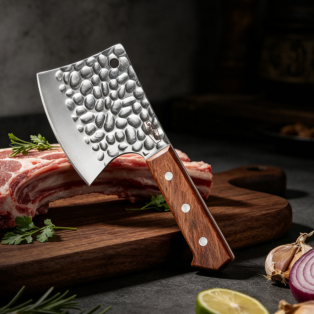 Lifespace 5" Hammered Butcher Chopping Cleaver with a Full Tang Rosewood Handle