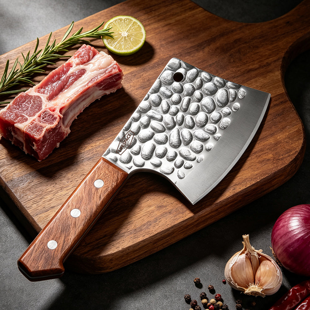 Lifespace 5" Hammered Butcher Chopping Cleaver with a Full Tang Rosewood Handle