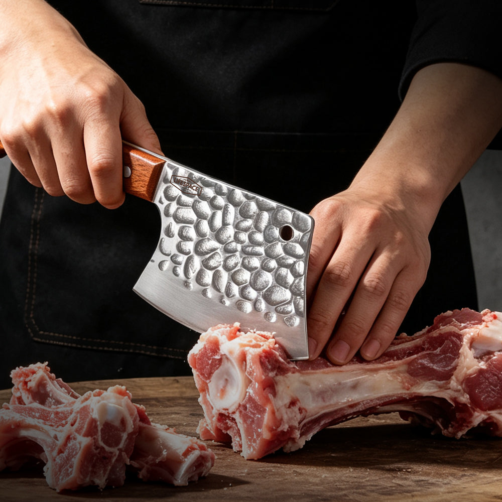 Lifespace 5" Hammered Butcher Chopping Cleaver with a Full Tang Rosewood Handle