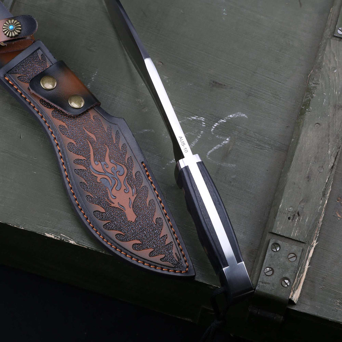 Lifespace Premium AUS-10 Stainless Steel Kukri Knife with Tooled Dragon Leather Sheath – 12.6" Overall