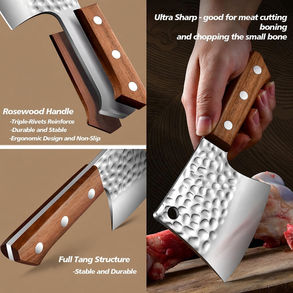 Lifespace 5" Hammered Butcher Chopping Cleaver with a Full Tang Rosewood Handle