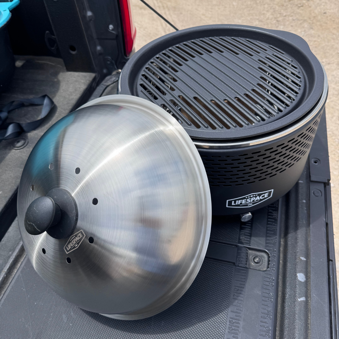 NEW UPGRADED Lifespace Portable Charcoal Grill with Turbo Fan (Low Smoke), Cast Iron Grate, Dome Lid & Carry Bag