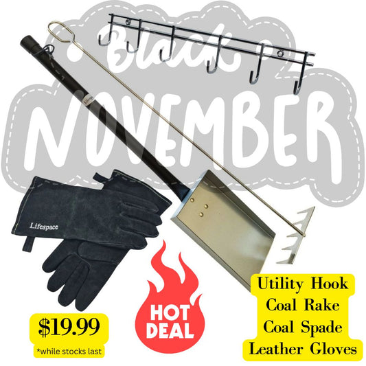 Lifespace 6-hook Utility Rack, Leather Gloves, Coal Scoop & Ember Rake Bundle Kit