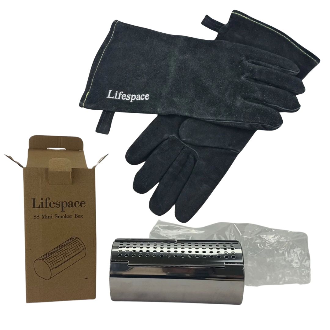 Lifespace SS Mini Wood Chip Smoker Box & Black Leather Glove Bundle