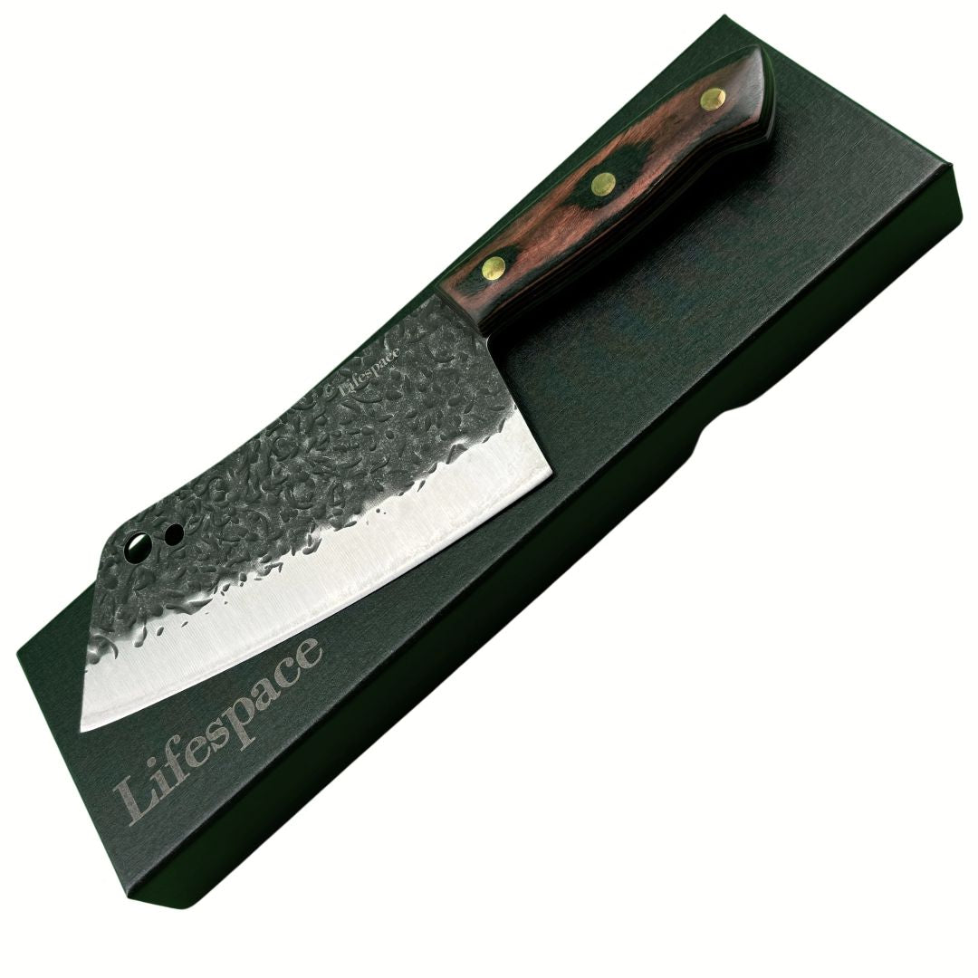 Lifespace 7in Full Tang Hammered Chef Cleaver Knife with Hole