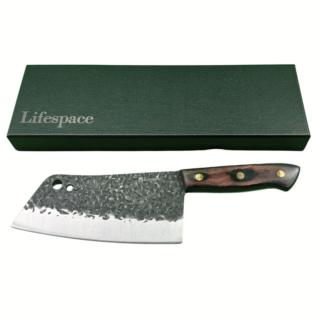 Lifespace 7in Full Tang Hammered Chef Cleaver Knife with Hole