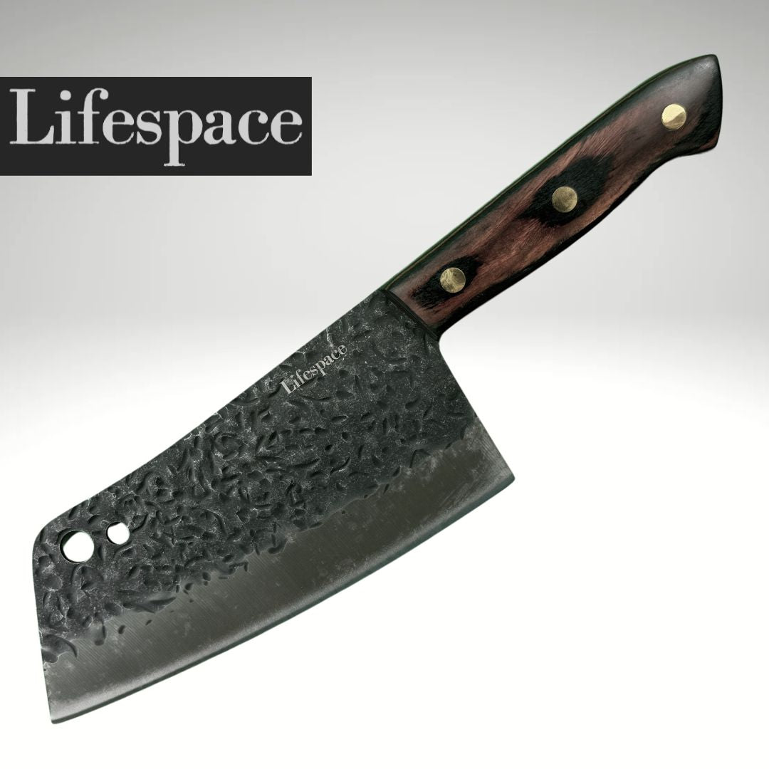 Lifespace 7in Full Tang Hammered Chef Cleaver Knife with Hole