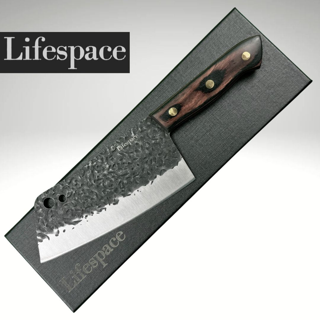 Lifespace 7in Full Tang Hammered Chef Cleaver Knife with Hole