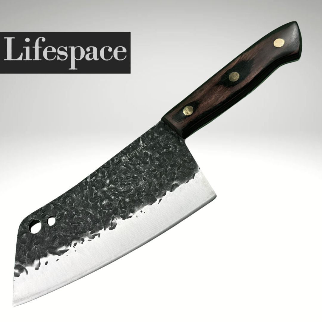 Lifespace 7in Full Tang Hammered Chef Cleaver Knife with Hole