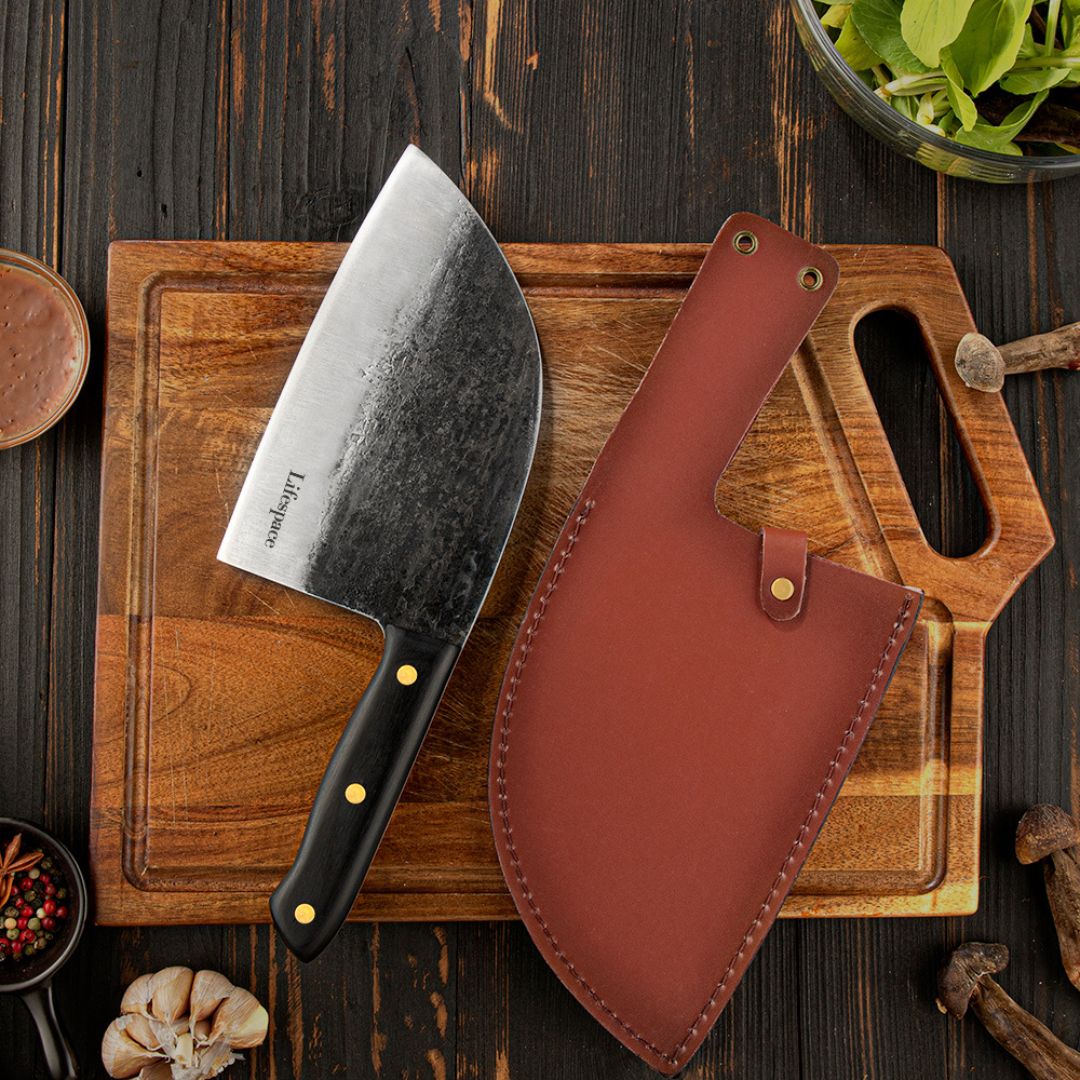 Lifespace Hammer Forged Full Tang Butcher Cleaver with Leather Sheath