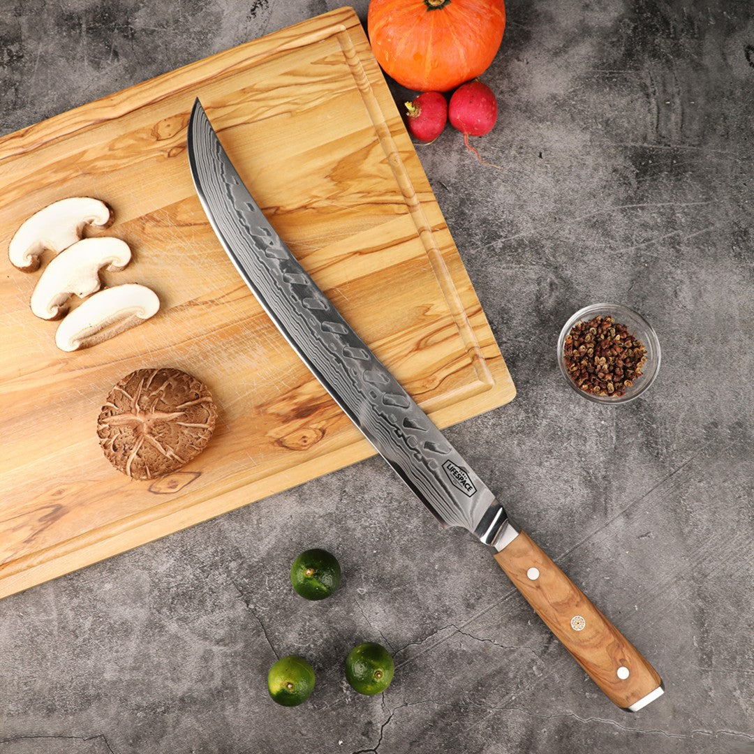 Lifespace Luxury 12" Olive Wood Handle Full Tang Damascus Blade Slaughter Chef Knife