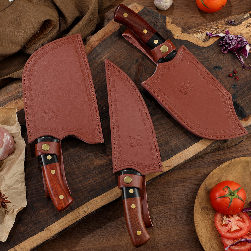 Lifespace Premium Chef Cleaver Knife Set (x3) with Genuine Leather Sheaths in a Gift Box