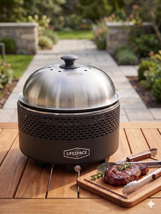 NEW UPGRADED Lifespace Portable Charcoal Grill with Turbo Fan (Low Smoke), Cast Iron Grate, Dome Lid & Carry Bag