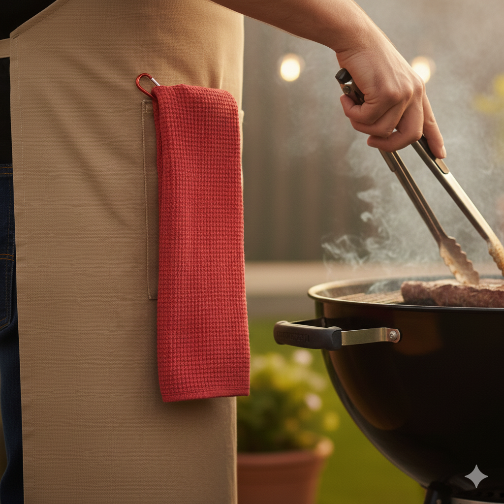 Lifespace Black or Red Waffle 380gsm Microfibre BBQ / Kitchen Towel with Matching Color Carabiner